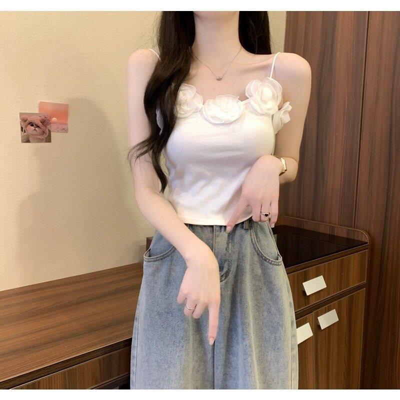 Short Tank Top With 3d Flower Embroidery For Summer Fashion Women