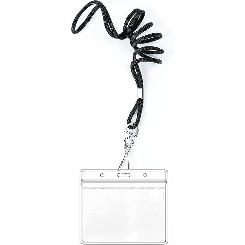 50 Clear Plastic Horizontal Name Tags Badge ID Card Holders and 50 Black Lanyards with Swivel Hook