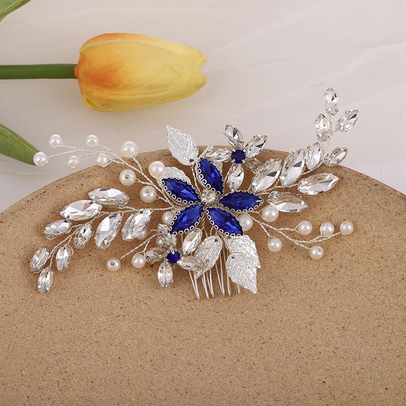 Pearl Blue Diamond Hair Comb Bridal Headwear - Elegant Evening Accessory