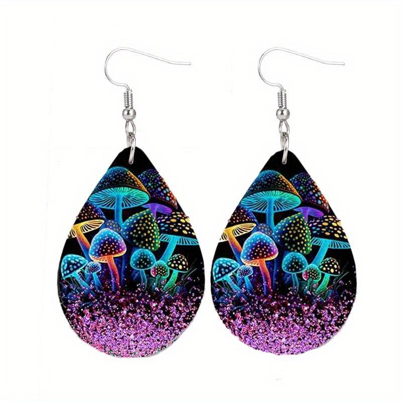Glowing Mushroom Jellyfish Pattern PU Leather Earrings for Women Creative Fashion Earrings Double-sided Pattern Design Classic Water Drop Earrings