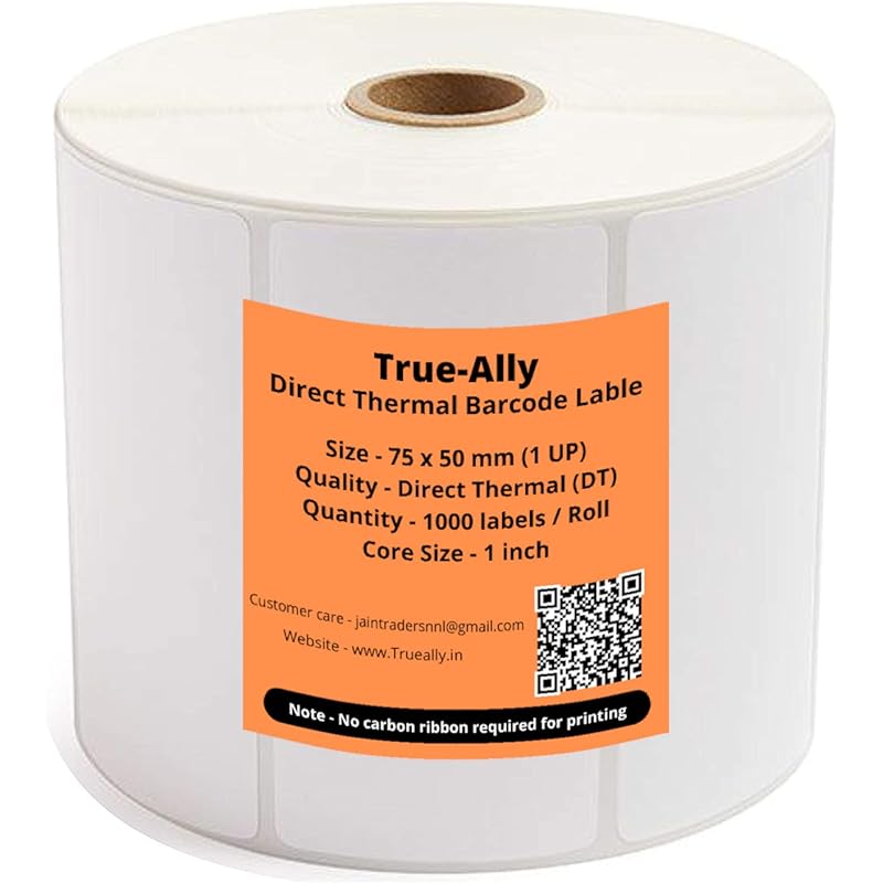 True-Ally 75X50 Direct Thermal (Dt) Barcode Label Sticker - 3 X 2 Inches - 75Mm X 50Mm - 1000 Labels Per Roll - White Se