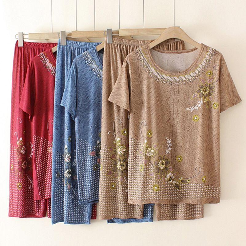 Sommer Kurzarm Outfit für Damen Elegant Viskose Zweiteiler für Mama Oma Stilvoll Dünn Bequem