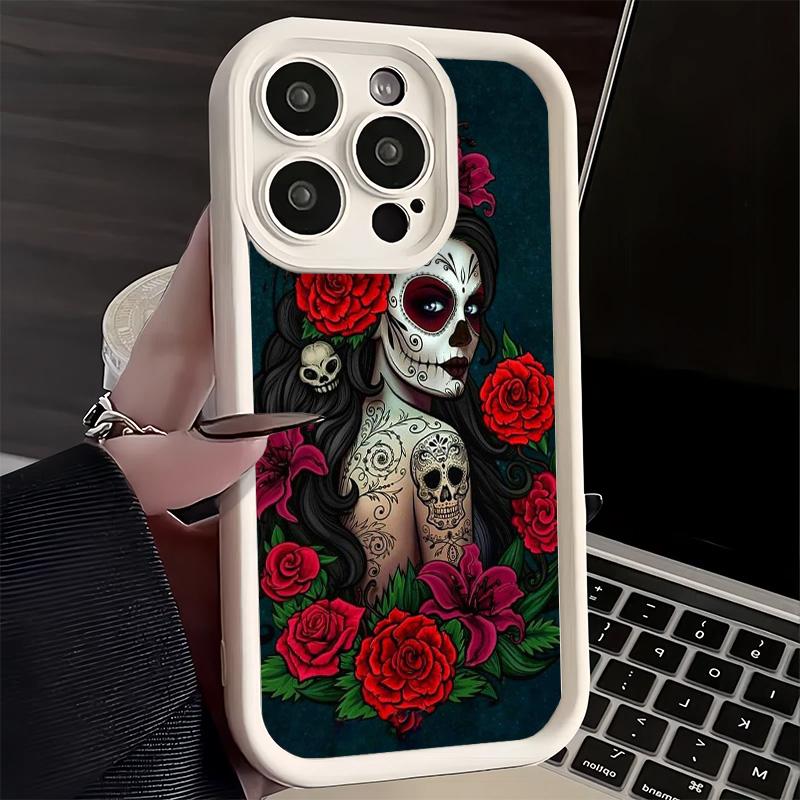 Phone Case for iPhone 17 Air 16E 15 16 Pro Max Catrina Beautiful Rose Girl Skull Cover 14 Plus 13 12 Mini Soft Shell Silicone Fu