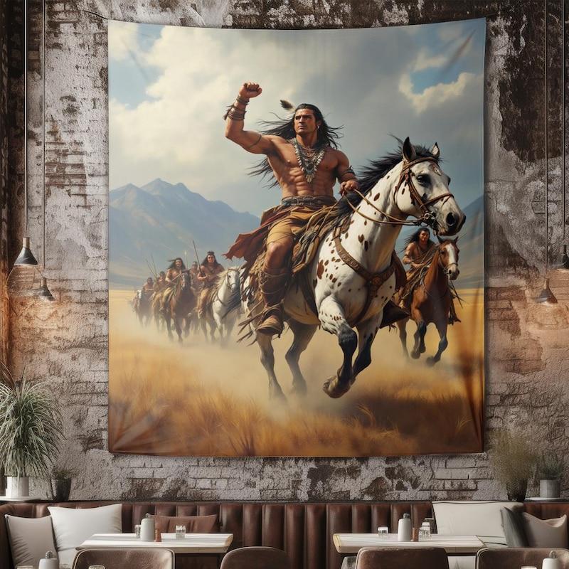 Tapestry of a Native American warrior horse in Western style 75x100