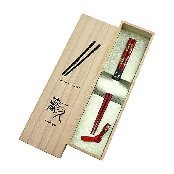 Wajima Lacquerware Chopsticks Tsurukame Red (21cm) with Musubi Chopstick Rest and Paulownia Box Set - Auspicious Crane and Turtle Maki-e Design on