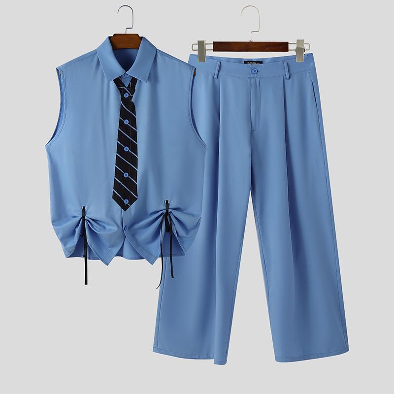 INCERUN Men Outfits Sleeveless Print Drawstring Hem Tops and Long Pants Casual Two Pieces Sets