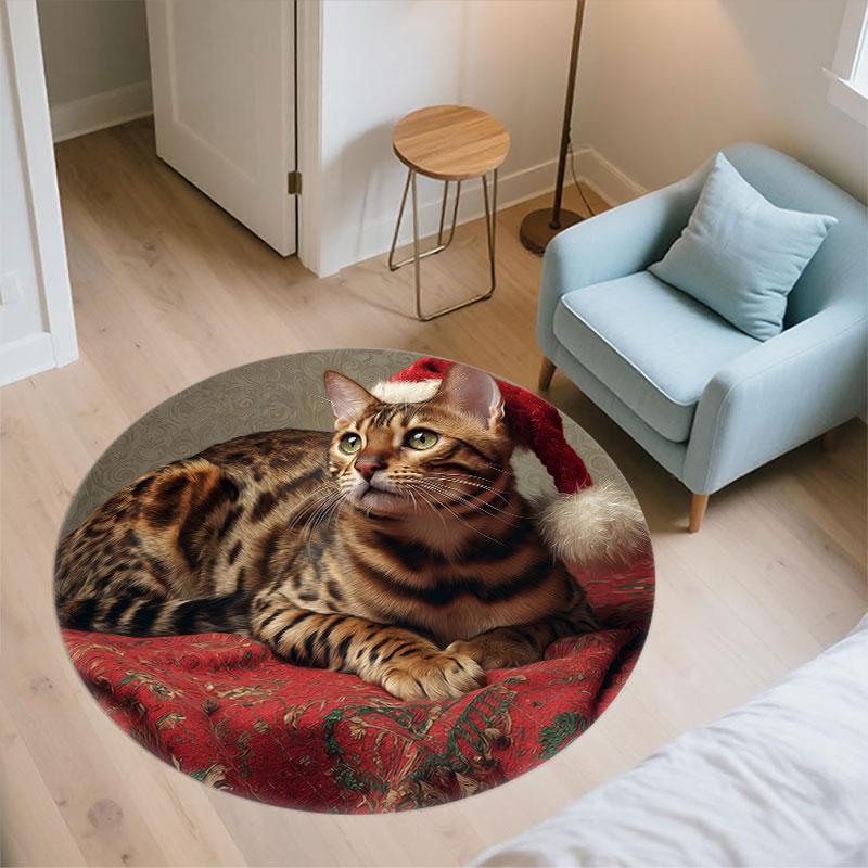 Christmas Cat pattern round rug,Carpet Rug for Living Room Bedroom Playroom ,Non-slip Floor Mat,Holiday Gifts and Birthday Gifts.