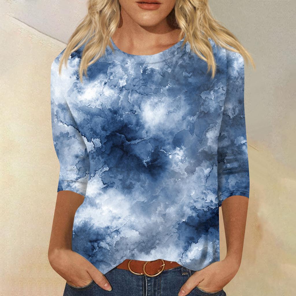 Women's Fashion Casual Round Neck Three-quarter Sleeve Gradient Print T-shirt Top