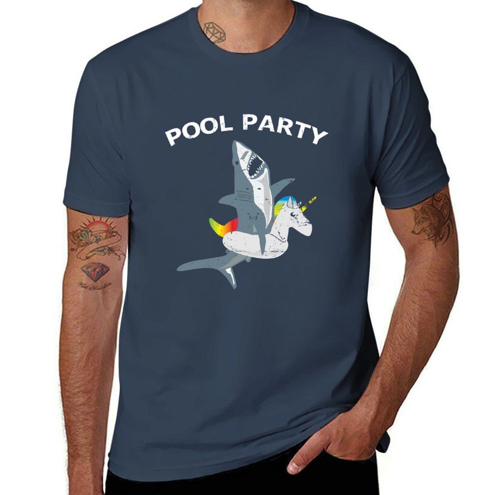 Pool Party Unicorn Float Funny Shark Tshirt Work Duty Casual Tshirt S