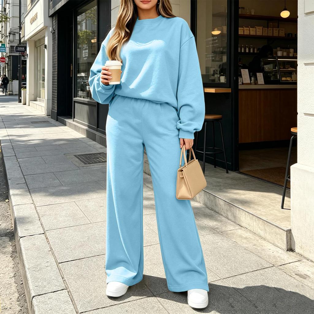 Women's Casual Fashion Long Sleeve High Waist Wide Straight Leg Sweatsuit Set