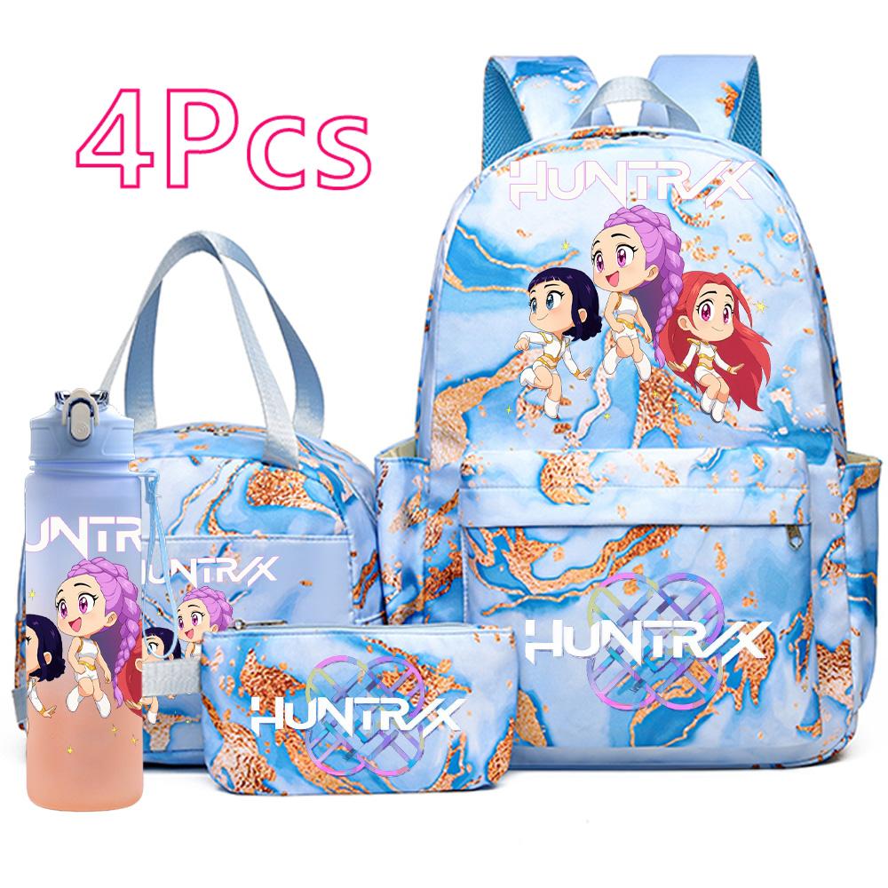 4Pcs/set Anime K-Pop Demon Hunters Printed Backpack Handbag Pencil Case with 750Ml Water Bottler for Teenager Boy Girl Large Capacity Schoolbag
