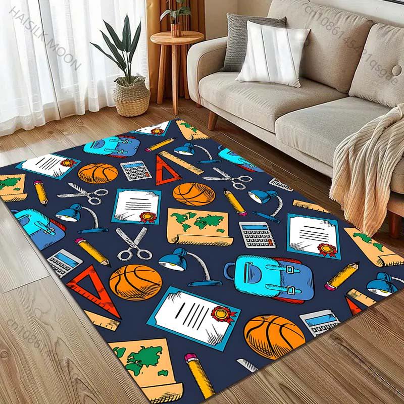 Schoolbags and Stationery Print Carpet for Living Room Bedroom Bedside Sofa Floor Mat Modern Home Decor Area Rug Kids Room