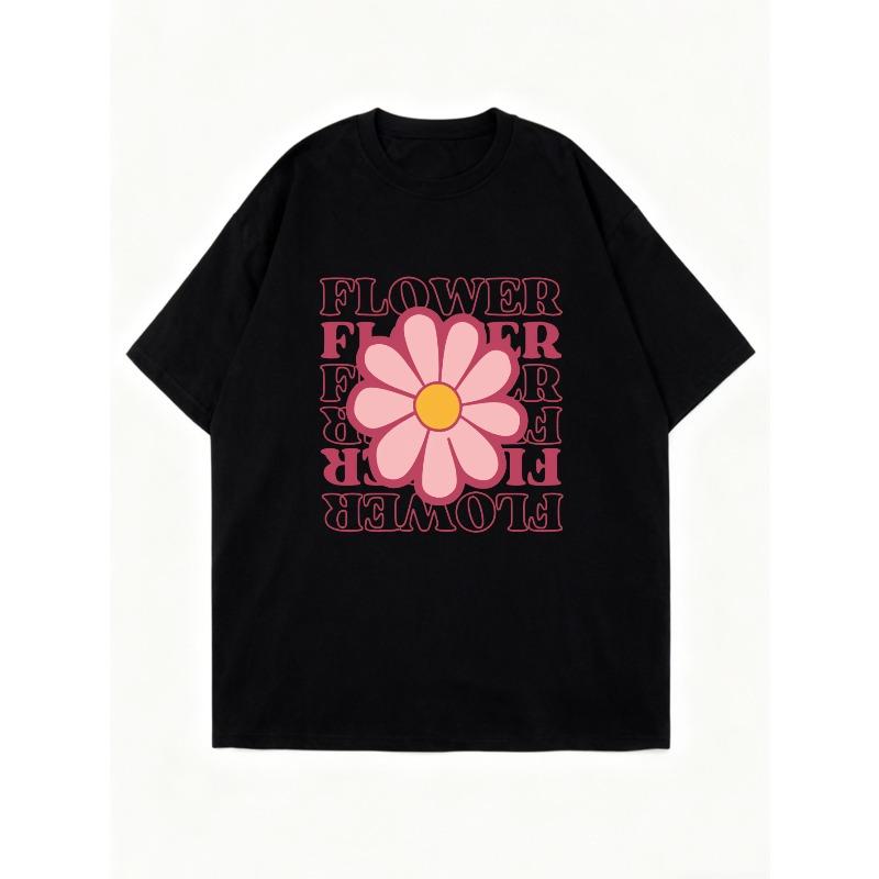 Oversized T Shirt Black Flower Print With Pink Daisy And Text Flower For Casual Wear