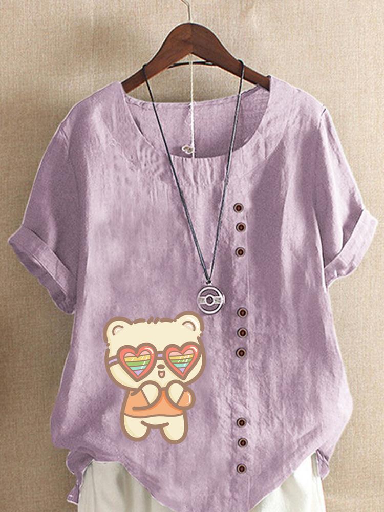 Women's Fashion Cute Cat Print Round Neck Short Sleeve T-shirt Summer Casual Cotton Linen Graphic Shirt Leisure Loose Blouse Tops