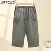 BITCED Summer Women Elastic Waist Straight Trousers Middle Age Older Women High Waist Straight Pants Washed Cotton Cropped Plus Size Pants