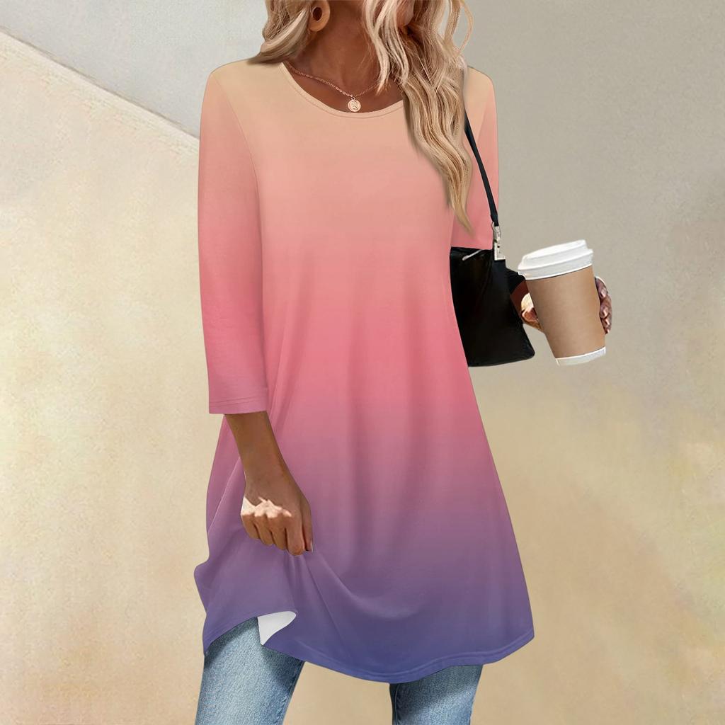 Women's Fashion Casual Three-quarter Sleeve Long Gradient Round Neck Top