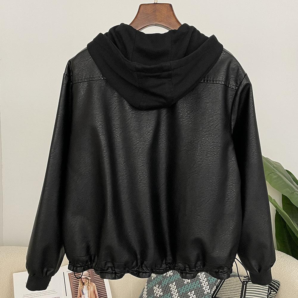 OFTBUY Damen Kapuzenjacke Vintage Locker Pu Kunstleder Hut Kurze Jacke Lässig Motorradjacke Damen Reißverschluss Retro Moto Biker Mantel Oberbekleidung Tops