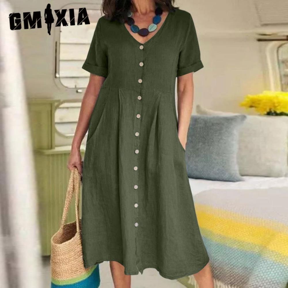 GMXIA Dame Sommer Casual Bomull V-hals Kort Erm Knappekjole