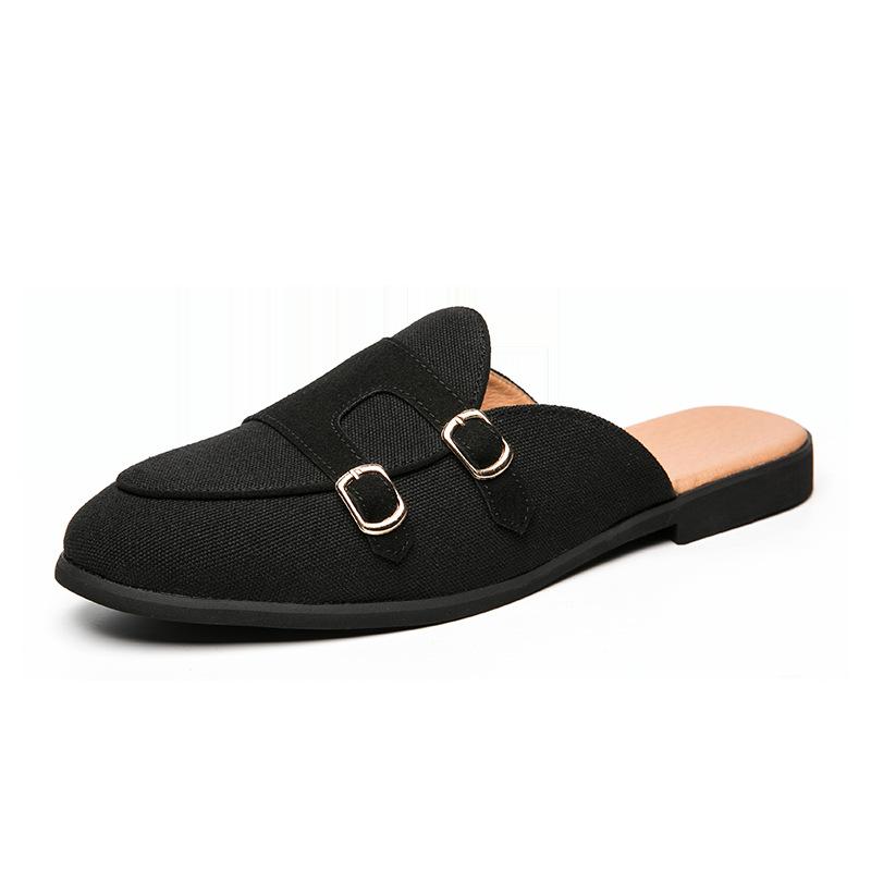 Canvas Leather Shoes Men Casual Handmade Muller Loafers Men Slip On Flats Driving Dress Shoes Half Slippers 38-47