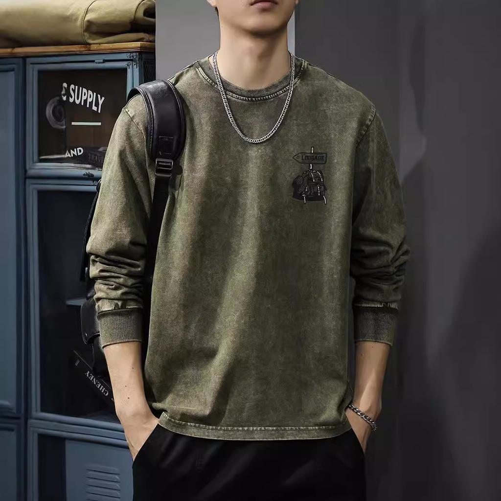 Autumn Heavy Washed Trendy Brand Printed Long-Sleeved T-Shirt Men'S American Retro Sweater Pure Cotton Loose Crew Neck Bottoming Shirt