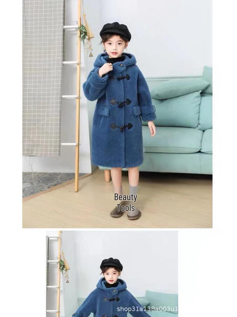 [Size Clearance] Mid-Length Girls' Wool Jacket - Autumn/Winter Shearling Coat with Fur Details