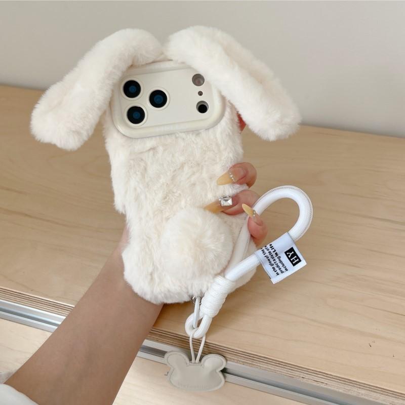 

3D Cute Rabbit Ears Warm Furry Plush Bunny Phone Case With Lanyard For iphone 17 pro max 15/14/16Plus 13/12/11 Pro max 16 Cover iPhone 17 Pro Max білий