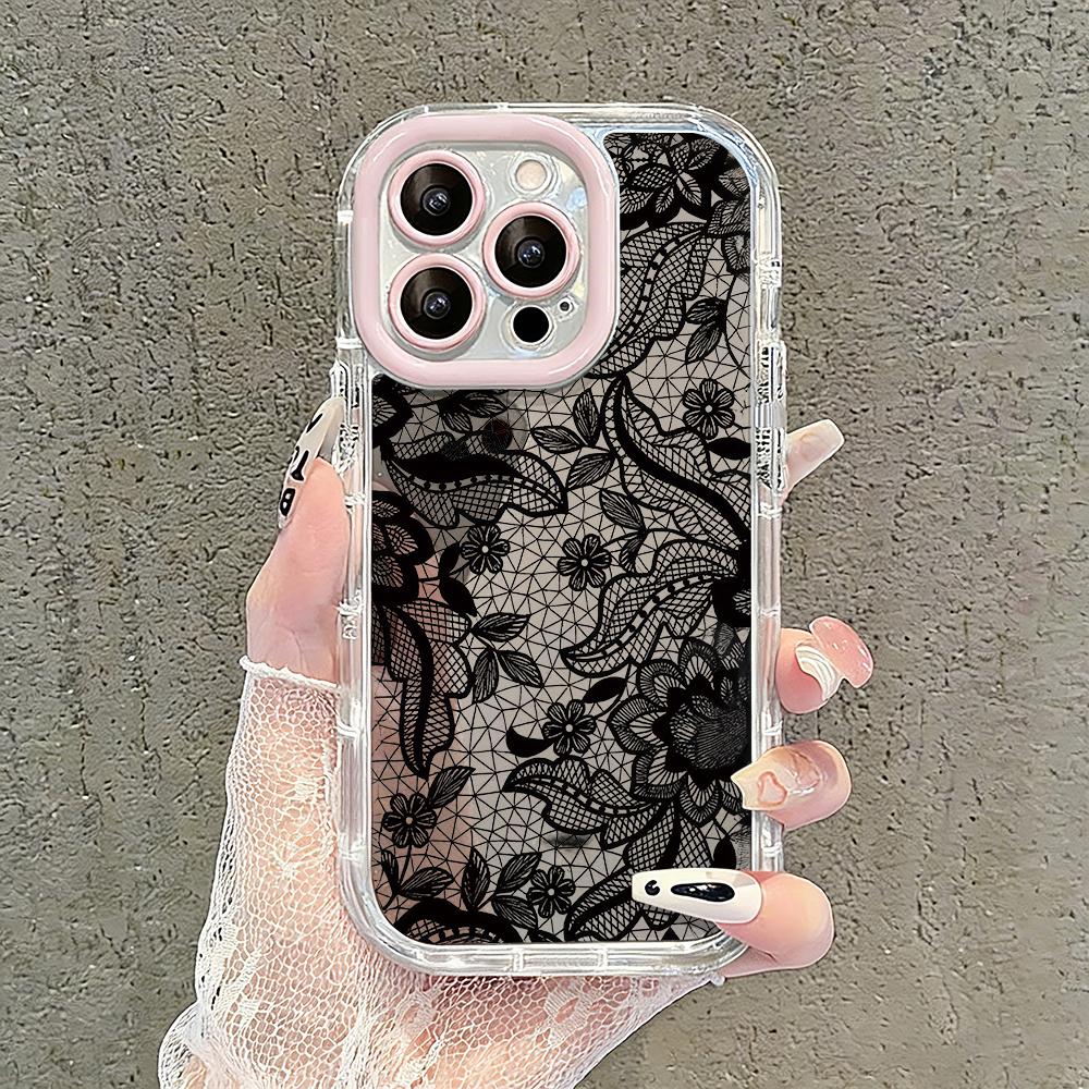 Lace Sexy Black Pattern Mirror Phone Case For iPhone 17 Air 16 Pro Max 17 15 14 13 12 11 7 8 Plus XS XR Protection Back Cover