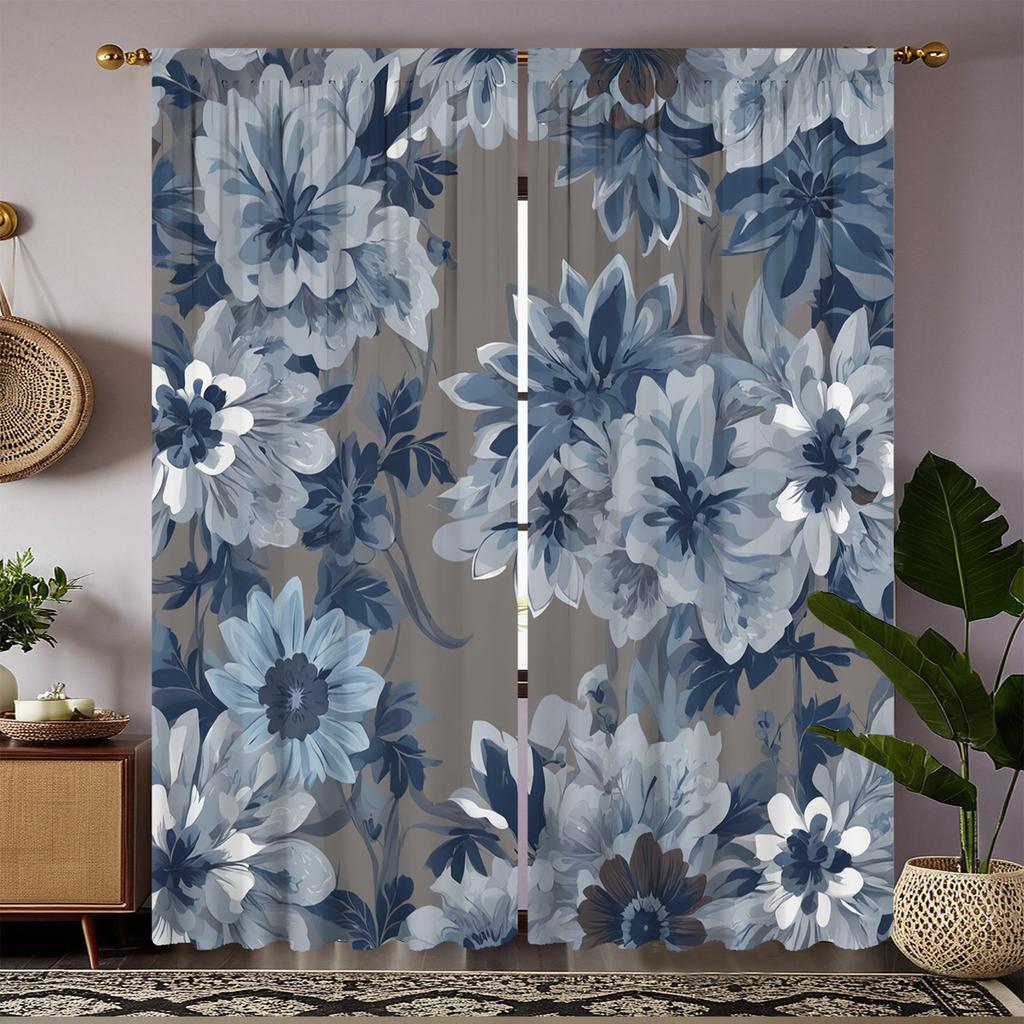 2Pcs Blue & White Floral Print High-Definition Digital Curtains - Double Fan Design, Semi-Transparent, Machine Washable Polyeste