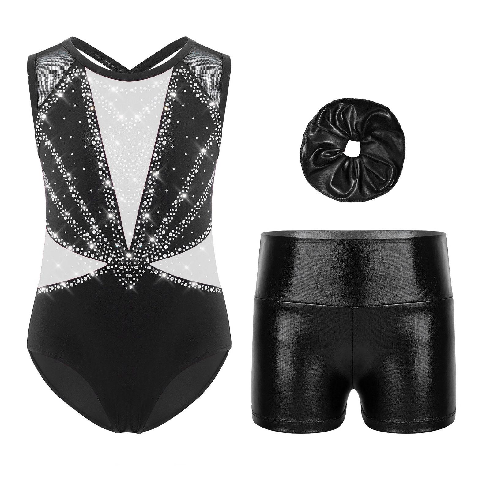 Kids Girls Lyrical Latin Dance Outfit Gymnastic Latin Ballet Dance Leotard with Metallic Shorts And Headwear Latin Dancewear 6