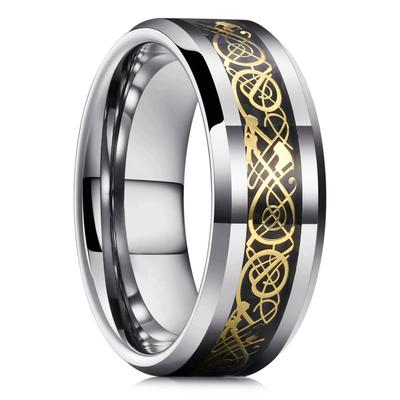 Bague Homme Tendance 8mm Couleur Cuivre Acier Inoxydable Dragon Celtique Bagues Fibre de Carbone Noire Pour Homme Alliance Bijou