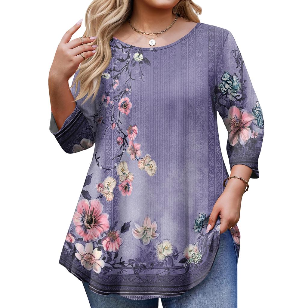 Top Moda da Donna Stampa Floreale Taglie Forti Manica 3/4 Orlo Arrotondato Girocollo