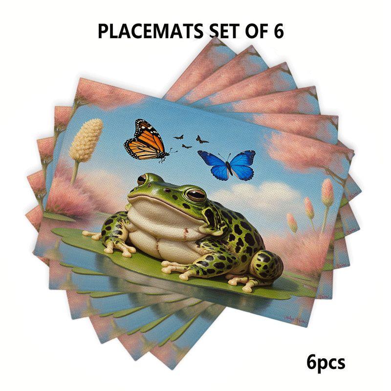 4/6pcs Rectangular Placemats - 12X18 Inch Frog Lily Pad Printed Table Mats with 2D Element Pattern Design, Durable Washable Polyester Table Runners