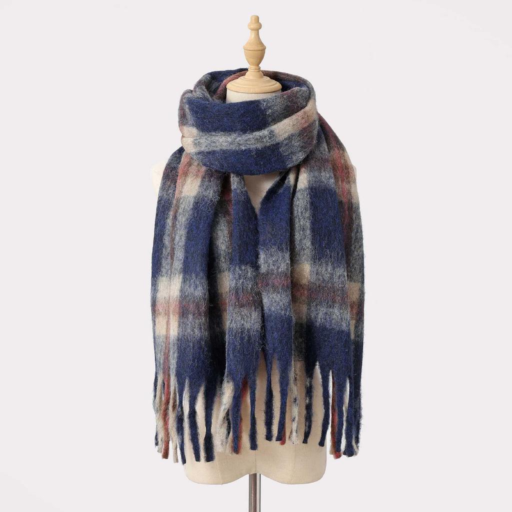 Autumn and winter wool plaid scarf women's high-end imitation cashmere versatile simple warm thickened fringed scarf