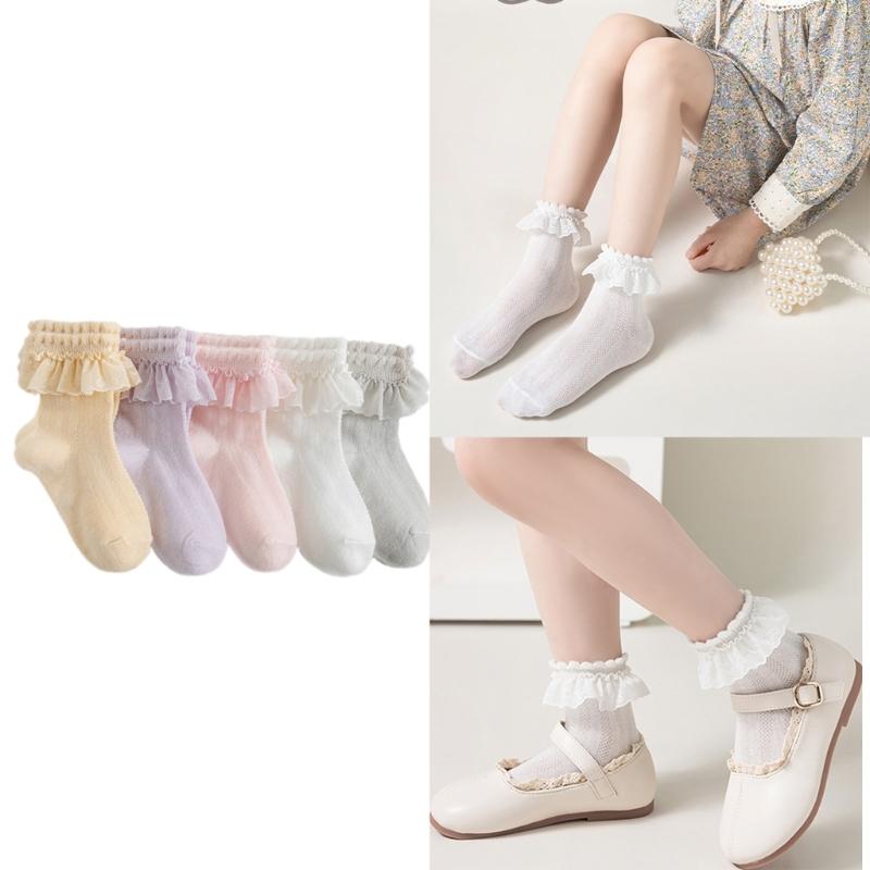 5 Paar weiche & atmungsaktive Baumwoll-Knöchelsocken für Kleinkinder, Wadenlange Socken-Set für Mädchen, mit stilvollem Rüschen-Design
