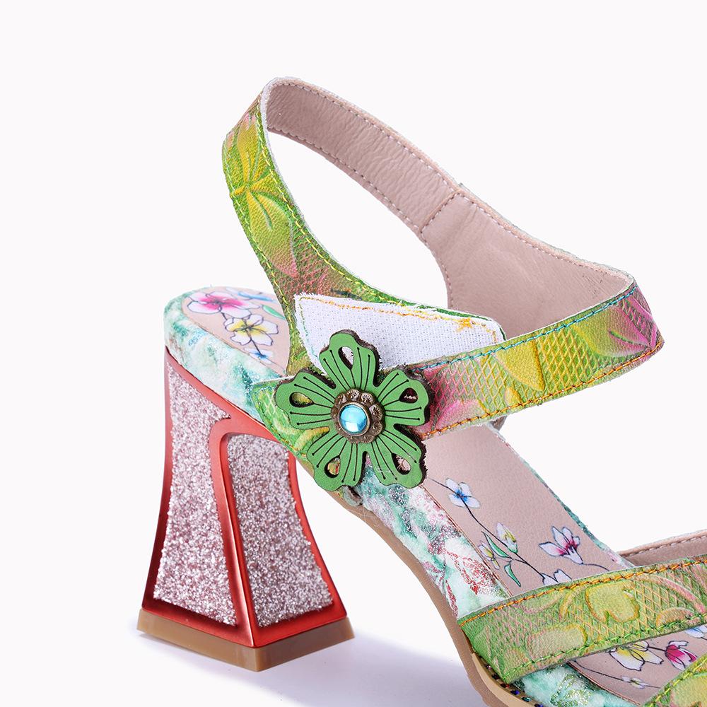 Johnature Women's Summer Shoes Genuine Leather Painted Retro Contrast Comfortable High Heeled Sandals