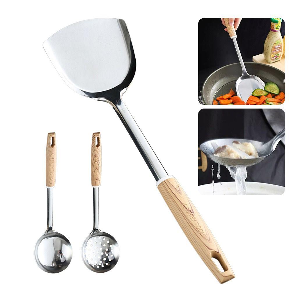 Durable Stainless Steel Kitchen Stir Fry Spoon Wood Handle Anti-scald Cooking Spatula Frying Spatula Kitchen Tools