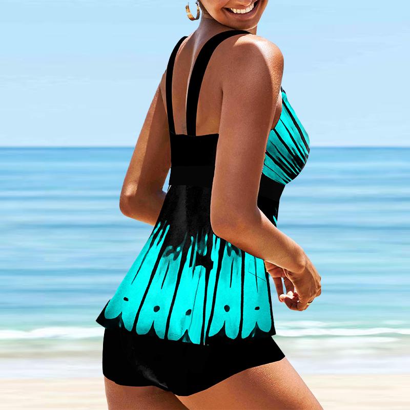 Women's Shoulder Strap Swimsuit Blue Butterfly Flower Print Bikini Tankini Swimsuit