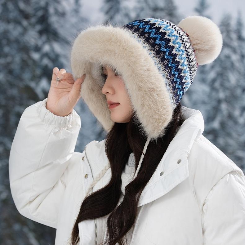 Winter Retro Ethnic Style Knitted Warm Thickened Velvet Cold-proof Wool Hat Women's Warm Ear Protector Hairball Hat