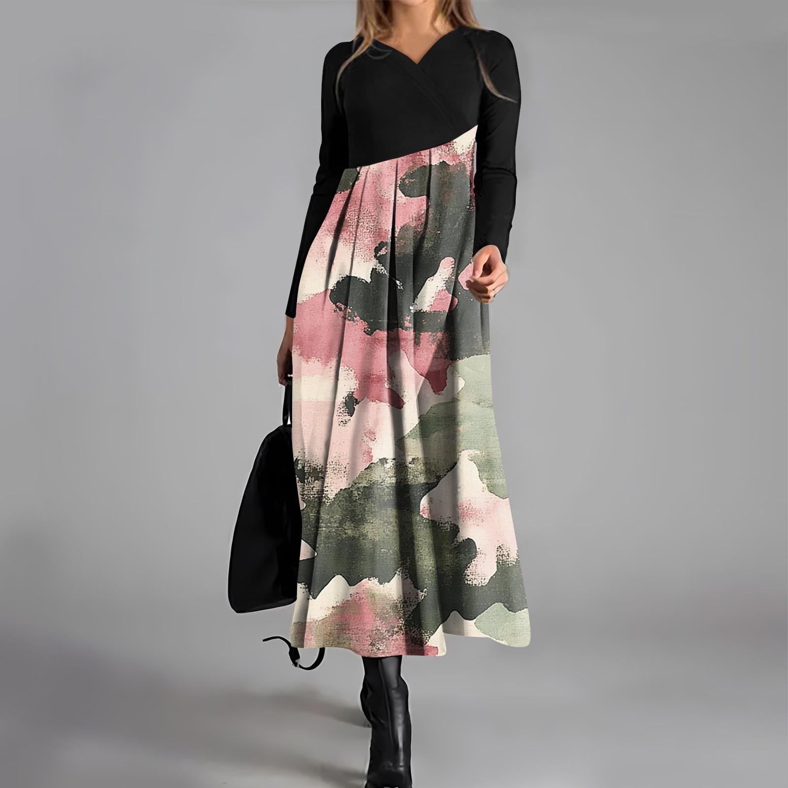 

Женское повседневное модное платье с V-образным вырезом и длинными рукавами, камуфляжный принт, карман на талии, большое свободное платье XL розовый