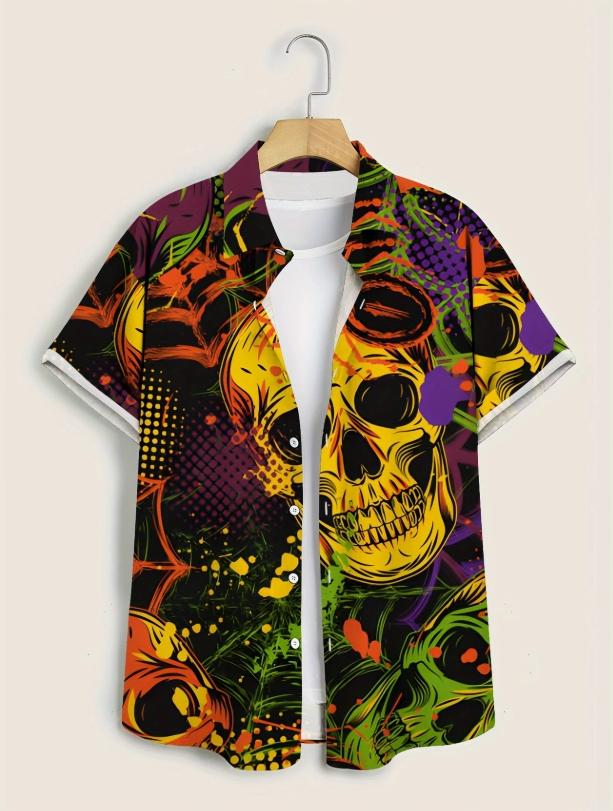 Men s Skull Pattern Short Sleeve Shirt Holiday Casual Daily Beach Vacation Wear Summer Hawaiian Shirt Outdoor Men Clothing S