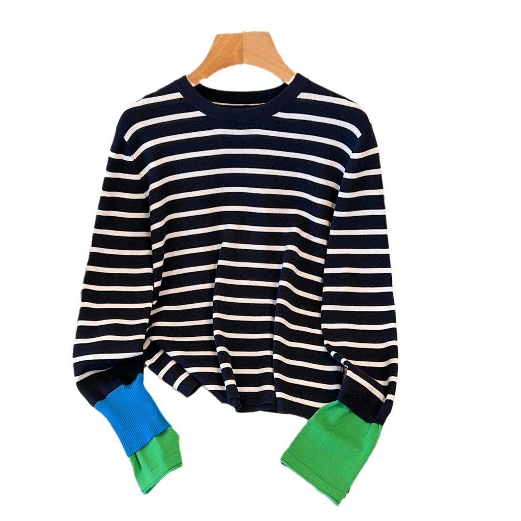Thickened Skin-Friendly Age-Reducing Colorblock Cuffs Striped Knit Sweater - Xiaohongshu Style Long-Sleeve Base Layer for Autumn/Winter