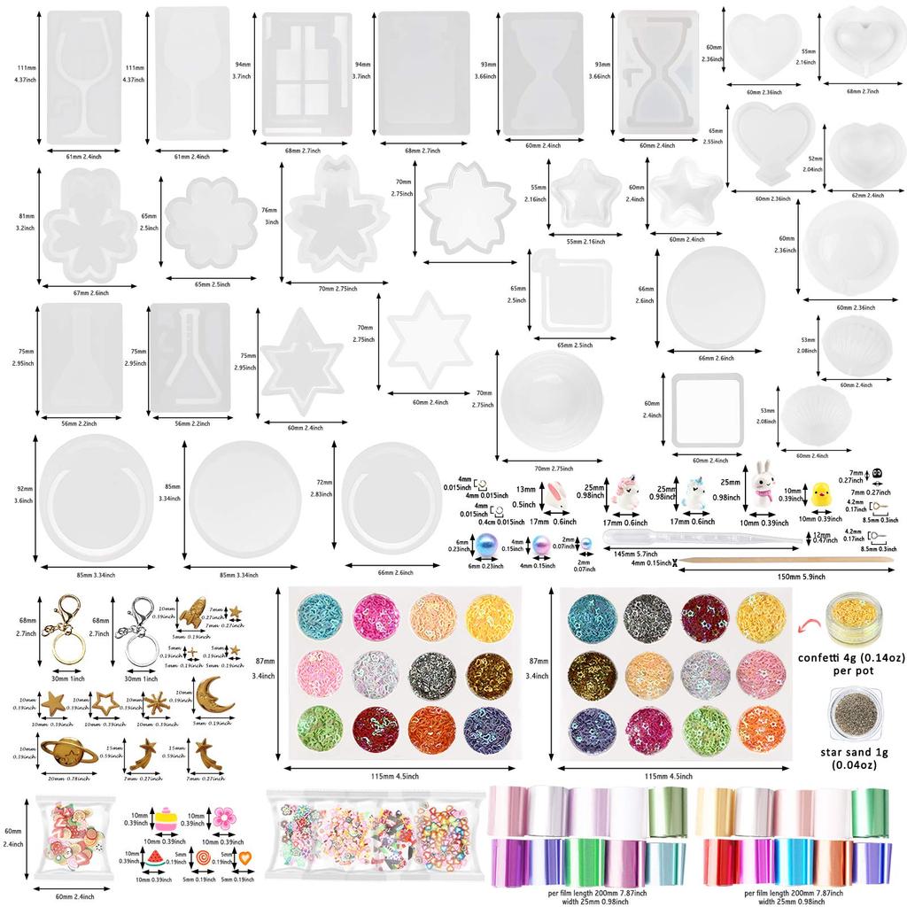 FUNSHOWCASE Shaker Mold Set for Resin Keychains and Straps - Silicone Mold/Film/Holographic Glaze/Slicing Stick/Dropper - Beginner's Craft Kit with 13