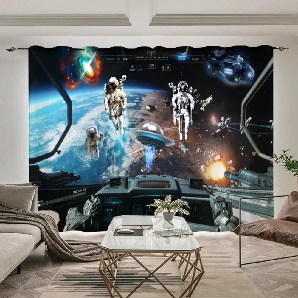Outer Space Astronaut Pattern High Blackout Curtains Whale Planet Sci-Fi Indoor Shading Drape Children Bedroom Curtain New Style