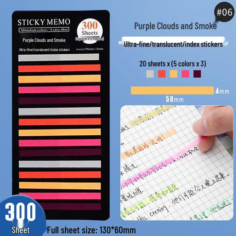 Fluorescent PET Waterproof Sticky Notes, Extra-Thin Long Tabs, 300 Pieces, Convenient Key Point Markers.