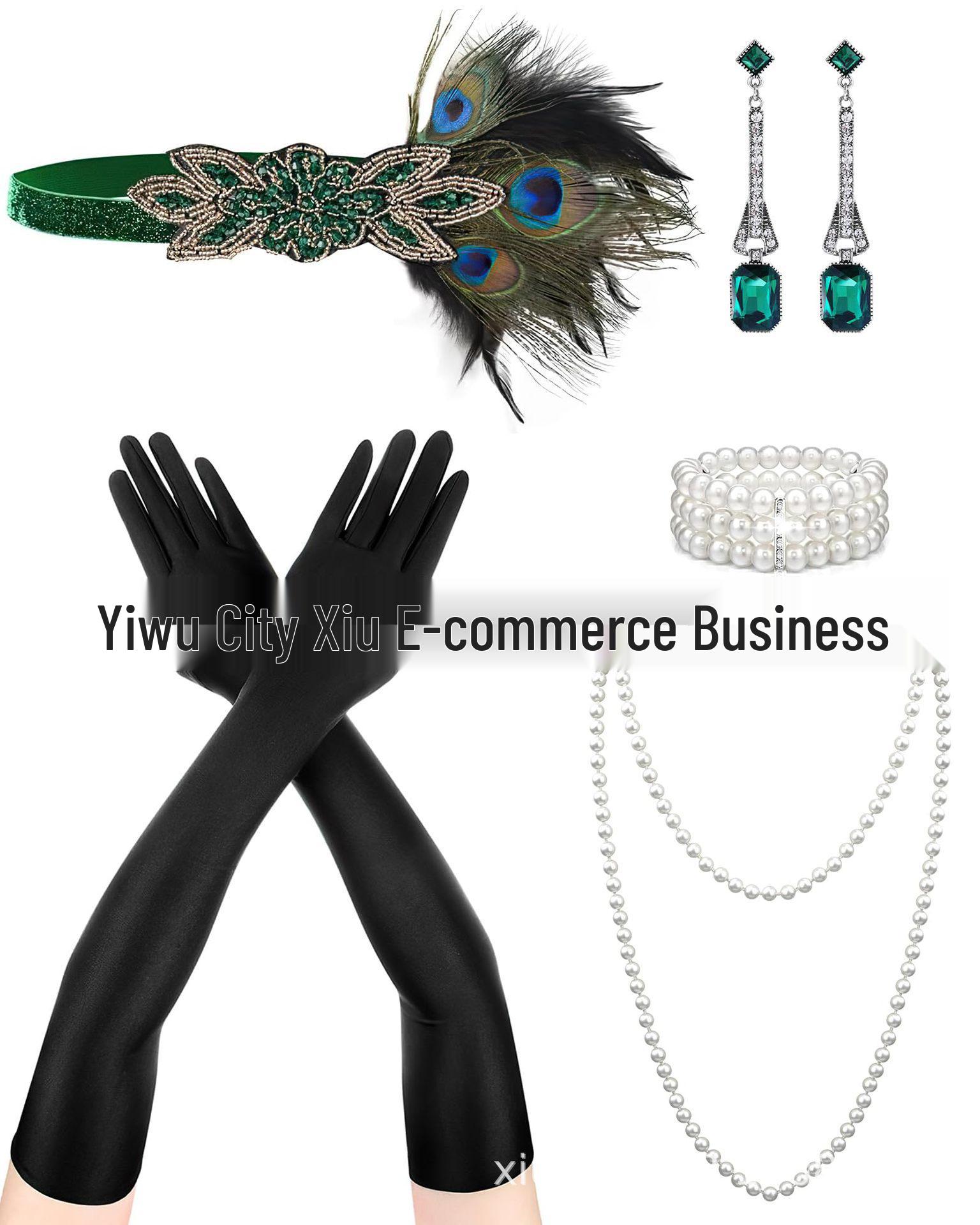1920s Flapper Gatsby Party Set: Headband, Earrings, Gloves, Necklace, Bracelet зелёный