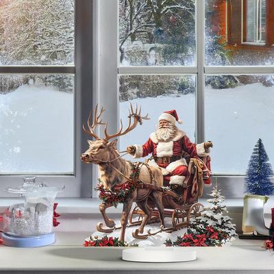 Santa Claus a Sáně s Sobem Stolní Dekorace se Základnou 2D Akrylové Vánoční Ozdoby 2025 Vánoční Navidad Party Potřeby