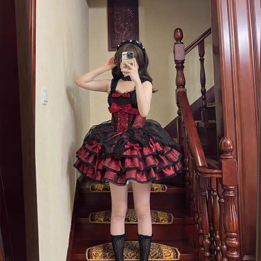 In-Stock Rose Butler Black & Red Strappy Lolita JSK Dress - Cute Two-Dimensional Sweet & Spicy Cosplay Outfit