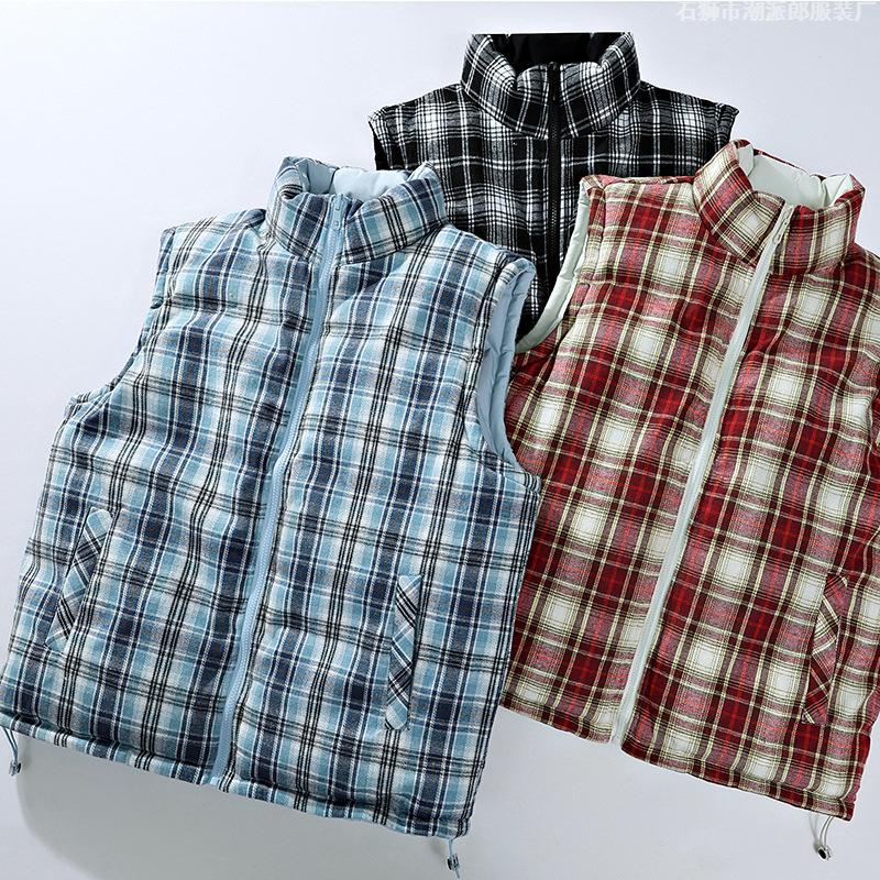 Trendy Plaid Stand-up Collar Vest 2025 Autumn New Korean Version Casual Loose and Versatile Sleeveless Two-sided Coat Men