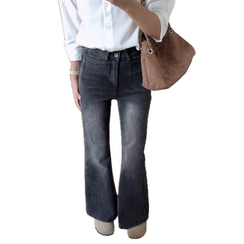 2025 New Black-Grey High-Waisted Micro-Flare Jeans for Petite Women, Floor-Length, Perfect for Spring & Autumn