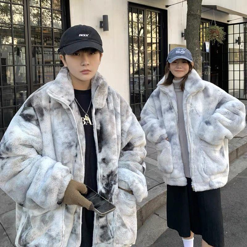 2 new autumn and winter couples wear imitation fur jacket fashion tie-dye thickened cotton-padded clothes men's and women's jackets loose